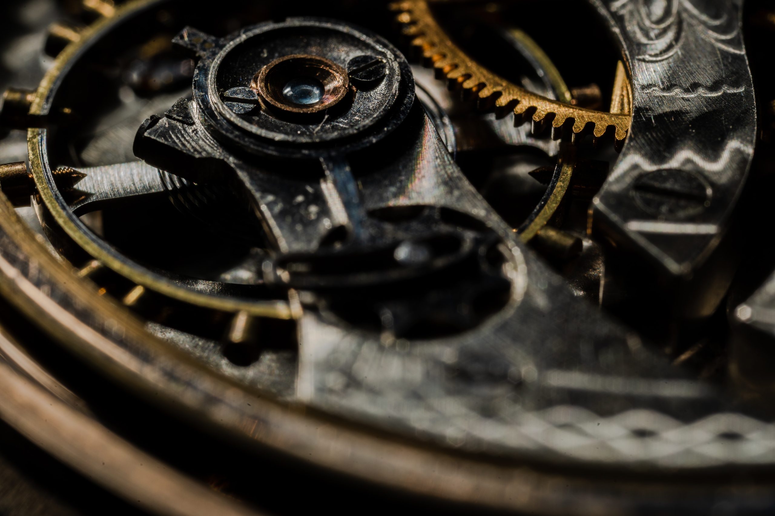 Up-close image of the mechanics of a watch